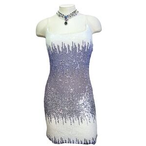 B Darlin Women's White Purple Sequin Mini Dress Spaghetti Straps Party Size 9 10